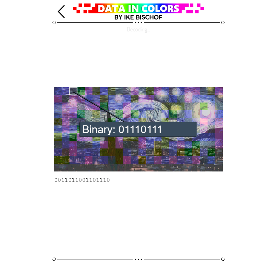 Data In Colors scanning an image, showing the binary numbers that correspond to one particular colored square.