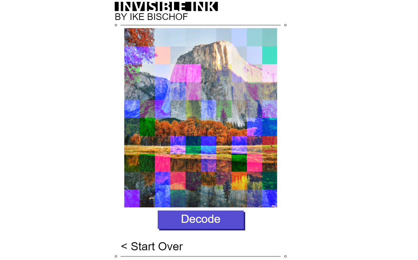 The minimum viable product, with an image of a mountain overlayed with colorful squares and a 'decode' button.