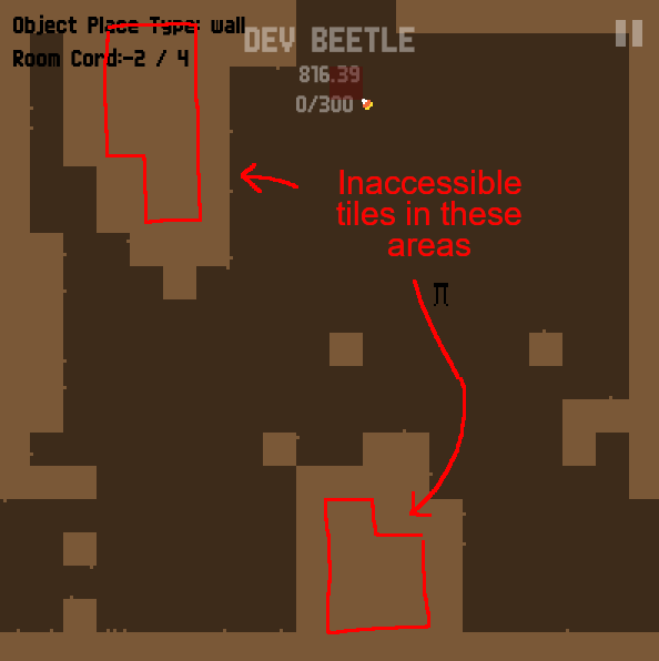 A room in Beetle Race. Tiles that are unreachable by the player are highlighted