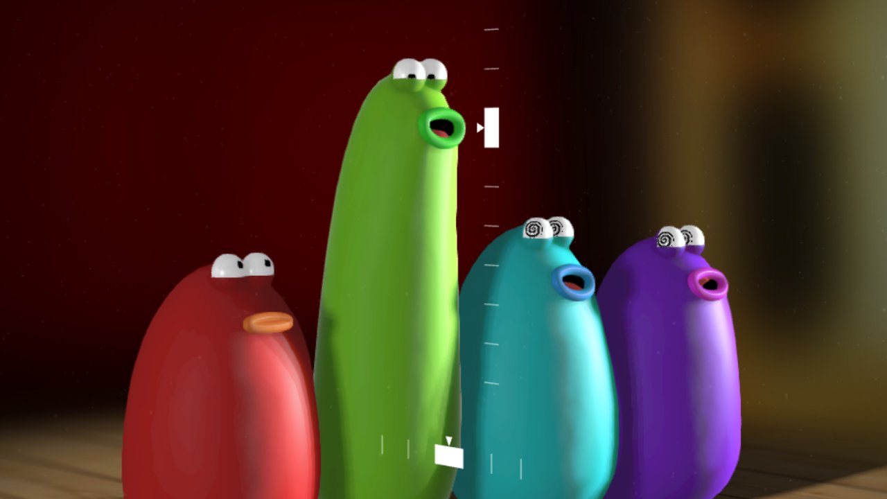 Four colorful blobs with faces singing
