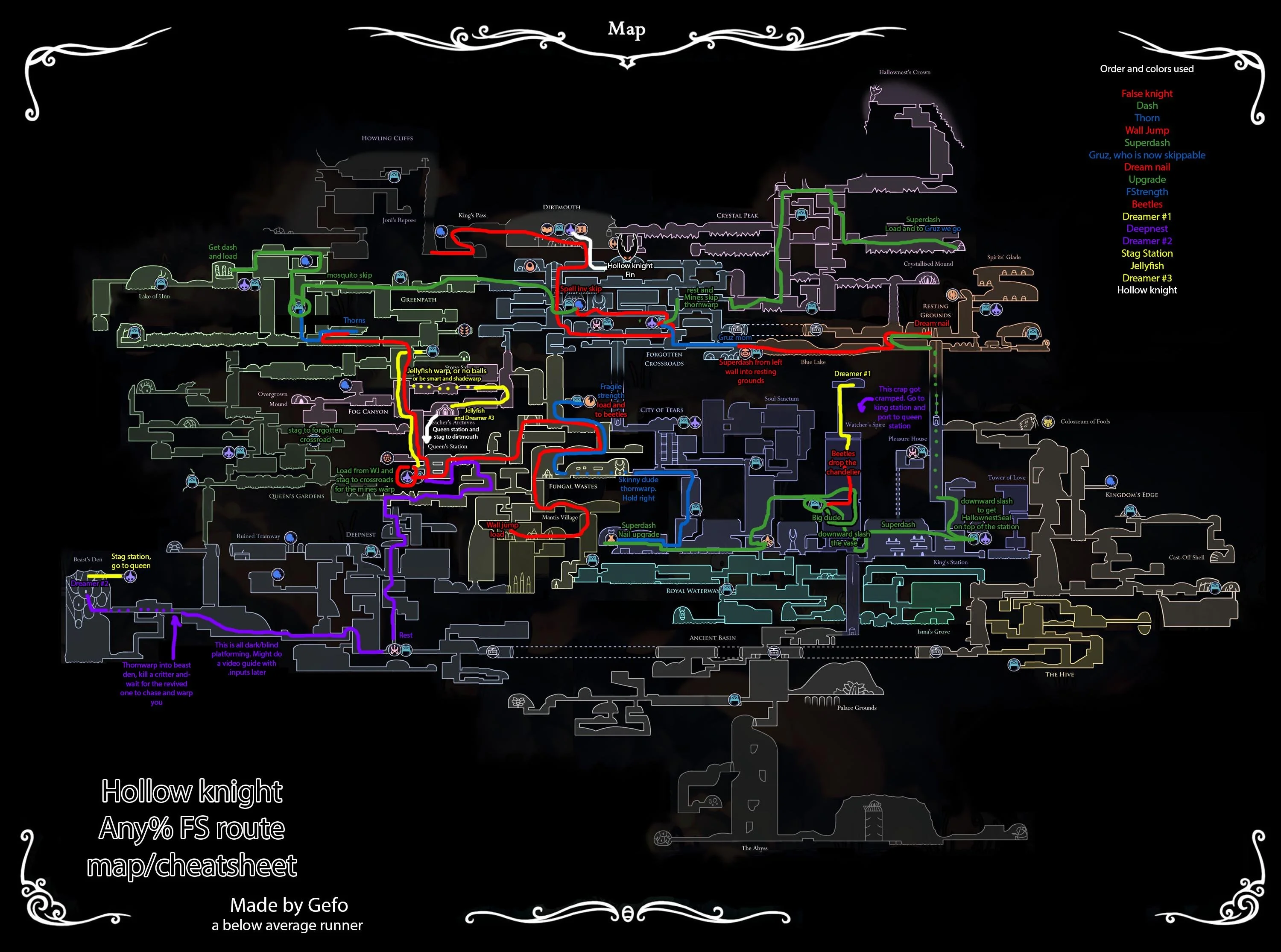 A diagram of the world of Hollow Knight, with lines drawn on it that trace speedrunning paths and written annotations