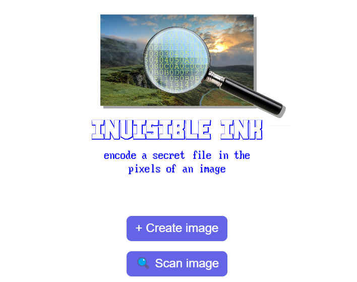 The starting screen for Invisible Ink, featuring a logo with a magnifying glass zooming in on an image to reveal hexadecimal numbers inside.
