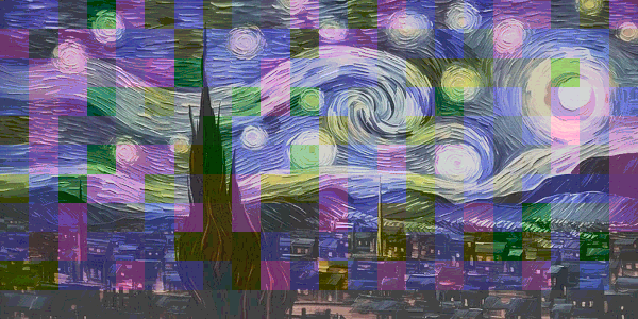 Starry Night, overlayed with a grid of colorful squares