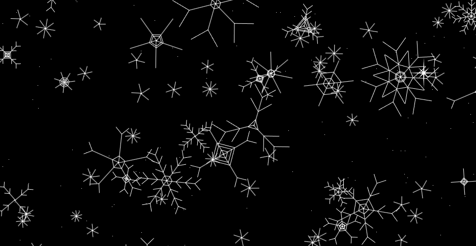 White procedurally generated snowflakes against a black background