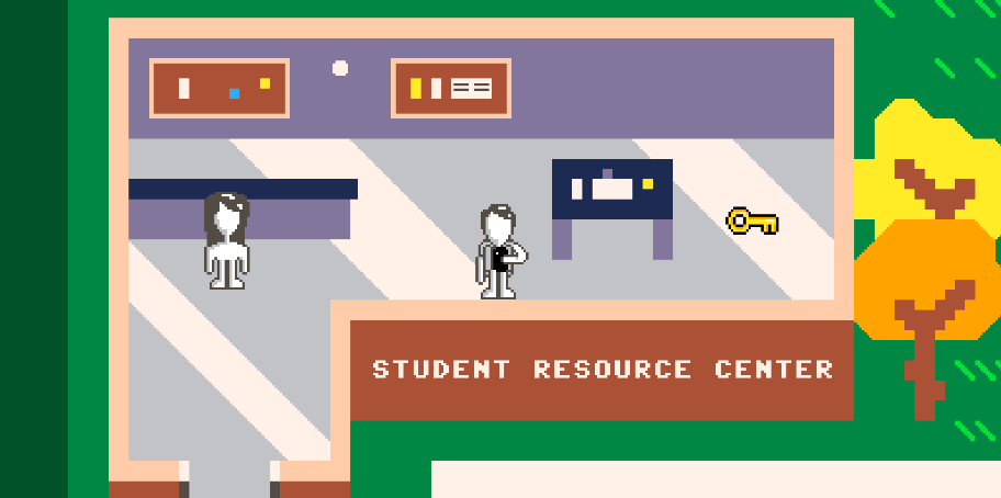 A student in the game standing in the Student Resource Center